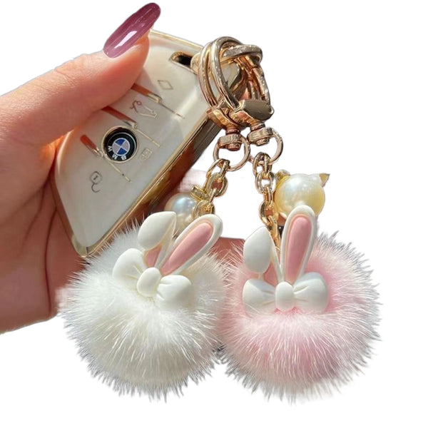 Plush Bunny Pom Pom Keychain – Cute Dopamine Bag Charm