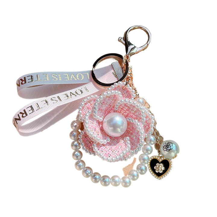 Camellia Pearl Bag Charm – Handmade Ribbon Keychain