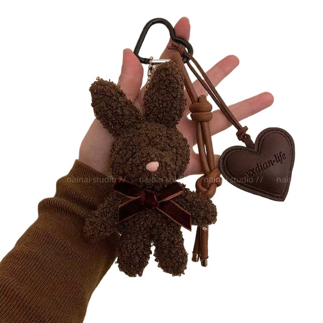 Plush Bunny Heart Bag Charm – Cute Leather-Style Keychain