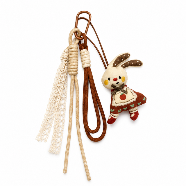 Fabric Bunny Bag Charm – Handmade Rope Keychain with Lace