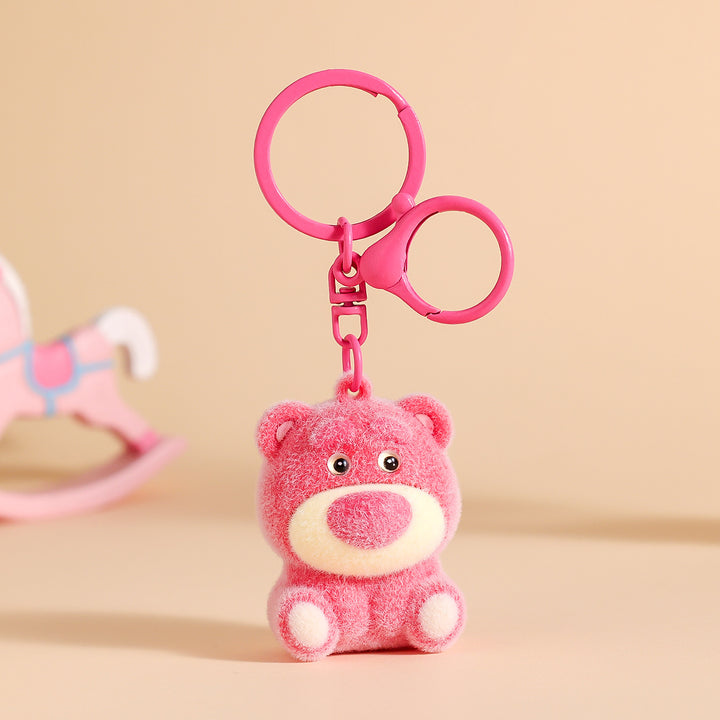 Pink Flocked Bear Keychain – Cute Strawberry Bag Charm