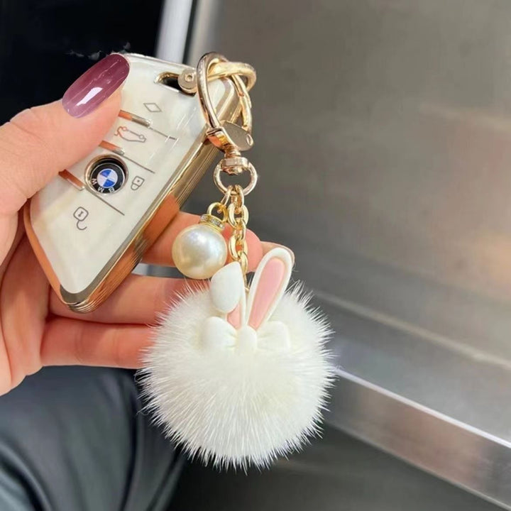 Plush Bunny Pom Pom Keychain – Cute Dopamine Bag Charm