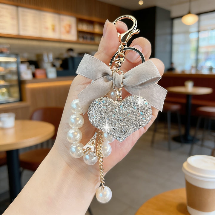 Pearl Heart Bow Keychain – Elegant Crown Bag Charm