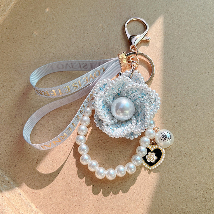 Camellia Pearl Bag Charm – Handmade Ribbon Keychain