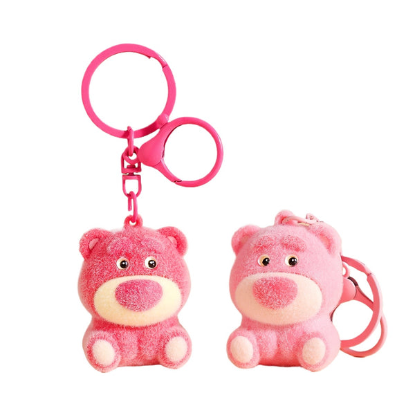 Pink Flocked Bear Keychain – Cute Strawberry Bag Charm